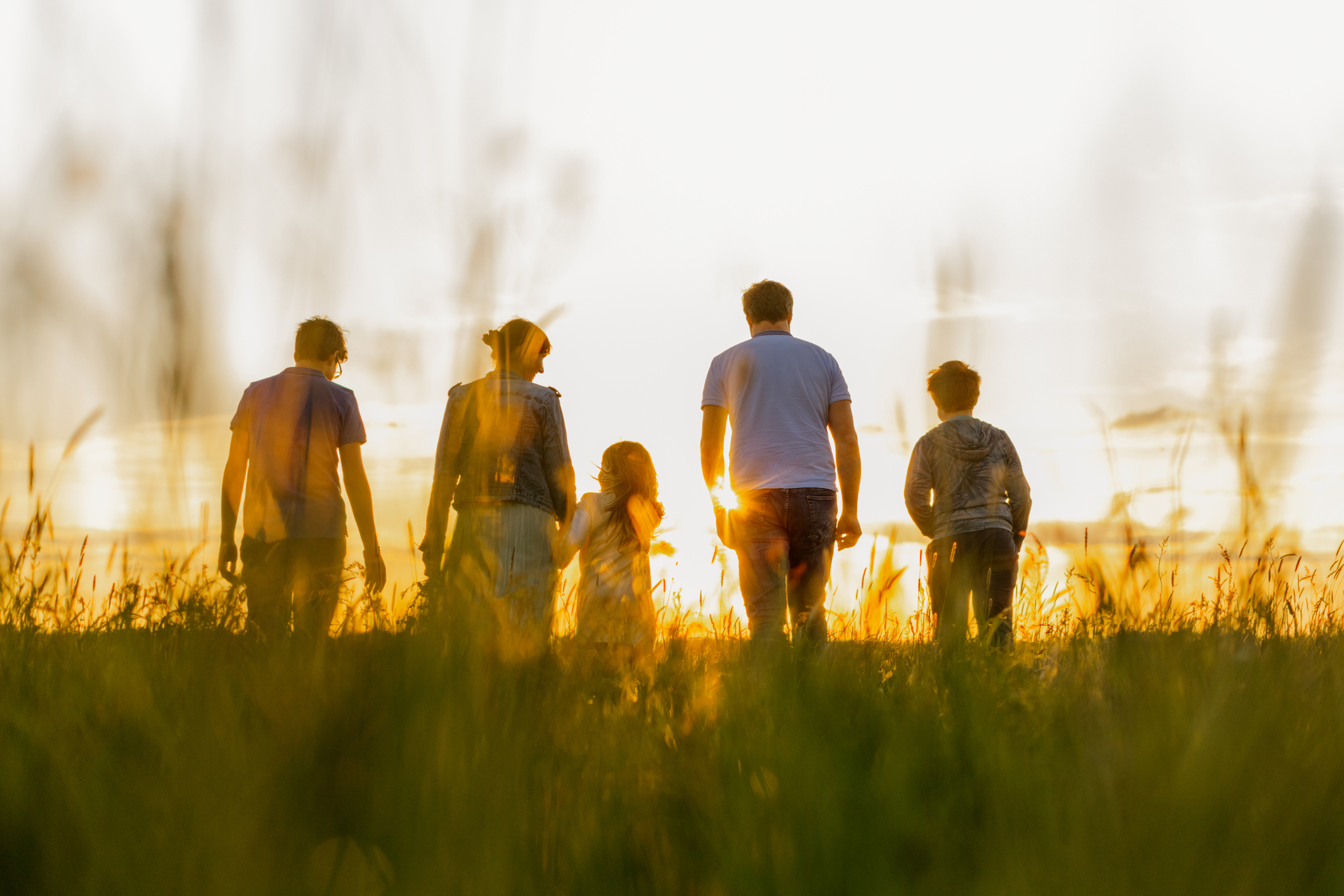 Family of 5 walking in the field