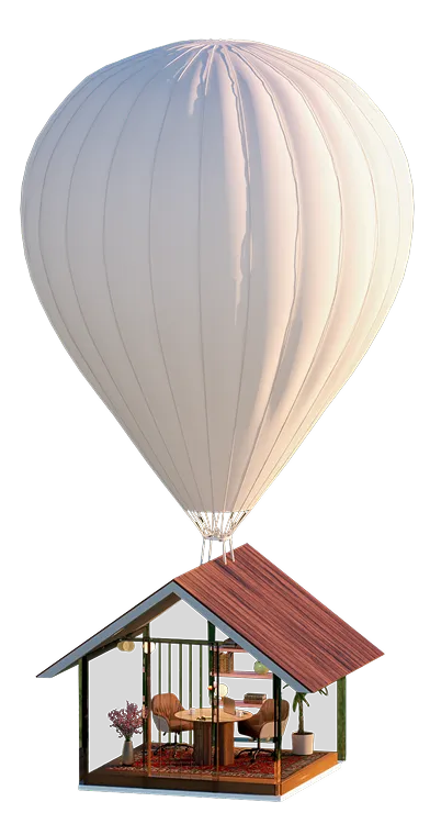 A hot air balloon holding up a house